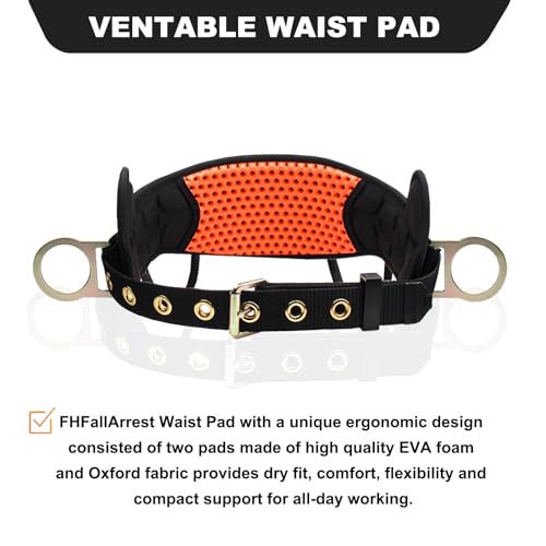FHFallArrest Safety Harness Climbing Belt - Tongue Buckle Safety Belt With Ventable & Moisture-Wicking Waist Pad and 2 Side D-Rings Personal Fall Protection Safety Belt for Work Positioning Restraint
