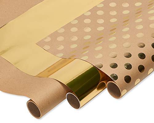 American Greetings Vintage Kraft and Gold Wrapping Paper for Christmas, Birthdays, Weddings or Any Occasions (75 sq. ft., 3 Rolls-30 in. x 10 ft.) Metallic Gold and Brown Kraft Gift Wrap by American Greetings - Used condition - US$9.99