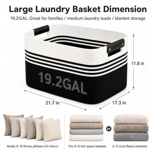 Image of Cotton Rope Laundry Basket Large, 19.2GAL Collapsible Woven Storage Baskets for Living Room Kids Toys Stuffed Animal,Boho Rectangular Decorative Short Hamper for Dirty Clothes, Blankets White Black