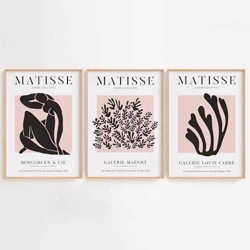 Image of House 52 Matisse Inspired Wall Art Sets of 3 – Modern Abstract Prints – Minimalist Gallery Poster Collection for Living Room, Bedroom or Home Office – Unframed A4 Size (Black on Blush Set)