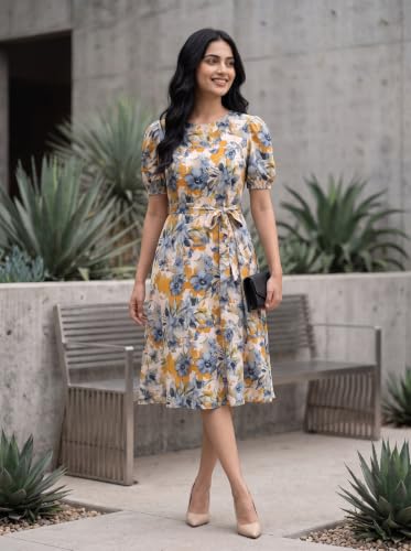 Image of HELLCAT Women Floral Fit & Flare Midi Dress | Round Neck, Puff Short Sleeve, Waist Tie-Up Belt | Casual Brunch Wear, Western One Piece, A-Line Long Frock, Summer Party Outfit