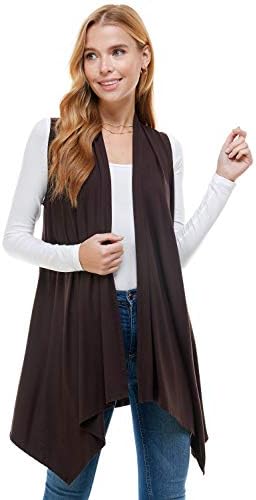 Azules Women's Solid Color Sleeveless Asymetric Hem Open Front Cardigan (BROWN, S)