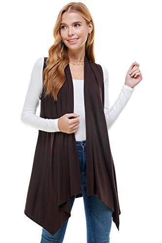 Azules Women's Solid Color Sleeveless Asymetric Hem Open Front Cardigan (Brown, S) #TOP2