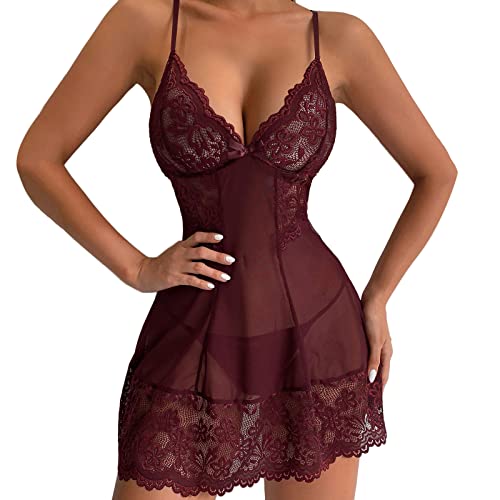 Women Fashion Sleeveless Lingerie Dress Roleplay Lingerie Sexy Lace Lingerie Plus Size Maternity Lingerie Sexy (Wine, M)