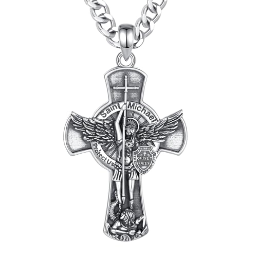 INFUSEU Cross Necklace for Men Women, Sterling Silver Gold Large Orthodox Cross Caravaca St Michael Pendant, 22+2 inch Chain
