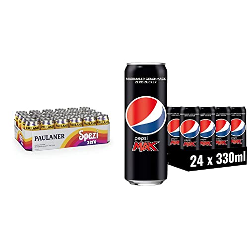 Paulaner Spezi Zero, 24er Dosentray, EINWEG (24 x 0,33l) & Pepsi Max, Das zuckerfreie Erfrischungsgetränk von Pepsi ohne Kalorien, Koffeinhaltige Cola in der Dose, EINWEG Dose (24 x 0,33 l)