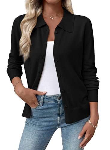 Image of EVALESS Cardigan Sweaters for Women Lightweight Trendy Long Sleeve Lapel Collar Button Down Sweaters Fall Fashion 2025 Wool Blend Knit Cardigans Sweater Tops Fall Outfits Black Medium