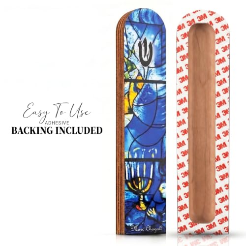 Image of SURI Wooden Mezuzah with Printed Scroll for Door - 5 Inch Chagall Inspired Blue Jewish Door mezuzah Cover, Self-Stick Adhesive, Fits a 4 Inch Scroll, Gift Box Included