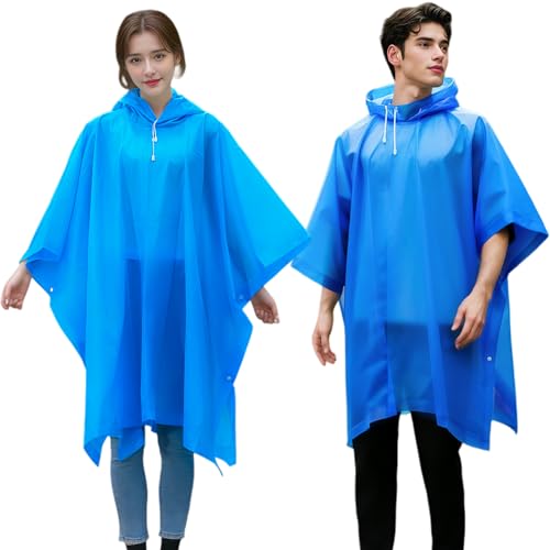 2 Pack Rain Ponchos for Adults Reusable Heavy Duty, Waterproof EVA Raincoat Cape with Drawstring Hood for Men Women Hiking, Festivals, Emergency (Fits 4.6-6.2 FT Height) Blue