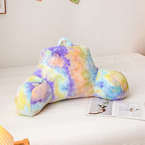 Holawakaka Standard Faux Fur Bed Rest Pillow With Arms, Tie Dye Reading Pillows Perfect For Adults, Teens, Kids, Pregnancy Lumbar & Head Neck Coccyx Lower Back Support Cushion (Yellow Lavender) #TOP1