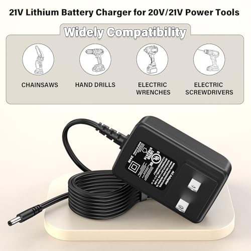 21V Battery Charger Fit for 20V 21V Power Tools, Power Cord AC Adapter Compatible with 20V/ 21V Mini Chainsaw, Hand Drills, Electric Wrenches, Screwdrivers, Connector Diameter 5.5 * 2.5mm, Universal
