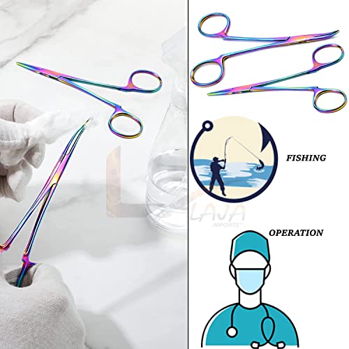 Laja Imports Set Of 2 Non-Locking Hemostat Straight & Curved 5'' For Ear Care Rainbow Multi Color #TOP4