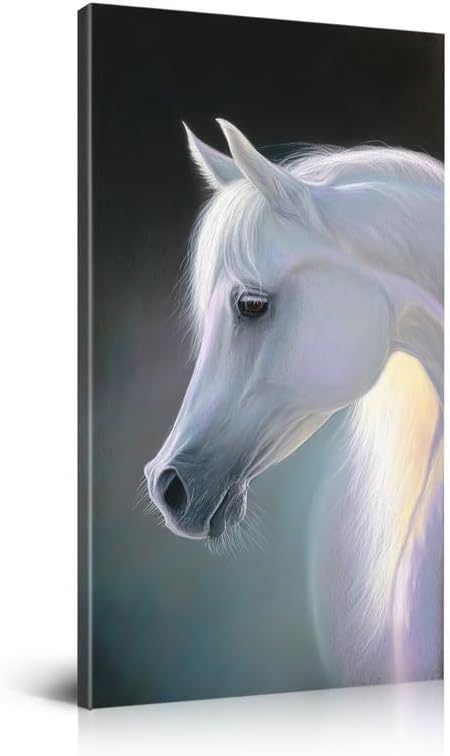 Poemwish White Horse Canvas Wall Art Elegant Horse Portrait Painting Animal Artwork Modern Wall Decor for Living Room Bedroom Office 16x12inch