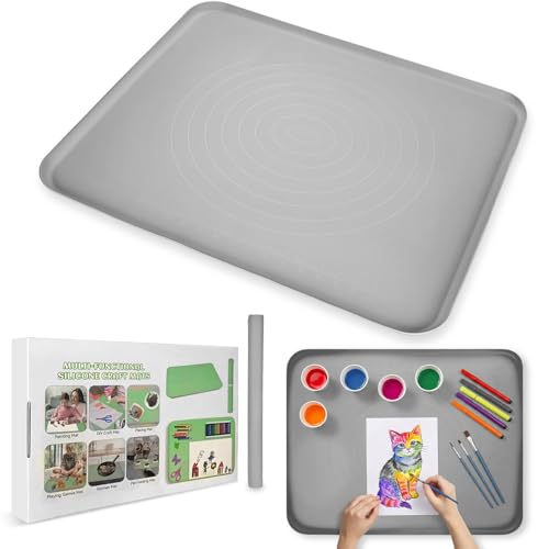 Extra Large Silicone Painting Mat for Crafts, 24”x 19” Waterproof Art Mat with Raised Sides for Paint, Clay Playdough, & Jewelry-Making (Grey) by LTYBYW - Used condition - US$18.61