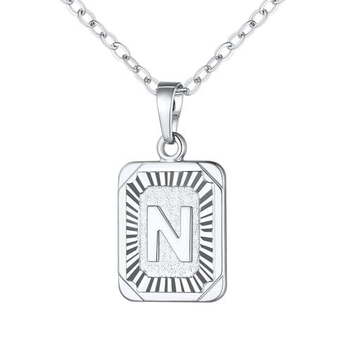 U7 Mens Silver Necklace Stainless Steel N Letter Pendant Necklace for Men Square Capital Monogram Retangle Tag Necklace Resizable Chain 20"-22"