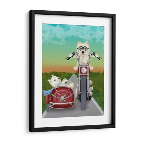 Canvas Lab | Westie Chopper and Sidecar by Fab Funky | 17 x 23 in | Fine Art Framed Print, Frame Color: Black, With Mat | Whimsical | Wall Decor for Bedroom, Living Room or Office