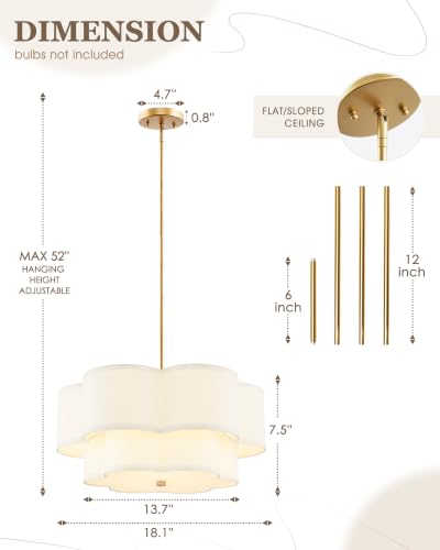 Image of 18 inch Gold Fabric Drum Chandelier, 3-Light Dining Room Light Fixture