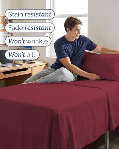 Image of Twin XL 4 Piece Sheet Set - College Dorm Room Essentials - Burgundy | Ultra Soft Dorm Bedding Set, 8 inch to 16 inch Inch Deep Pockets, 1 Flat & 1 Fitted Sheet & 2 Pillowcases, Wrinkle & Fade Free