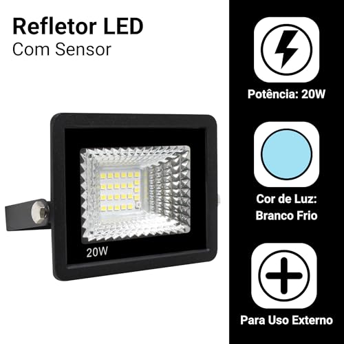 Refletor Led 20w Bivolt Prova D'agua C/Sensor De Presença