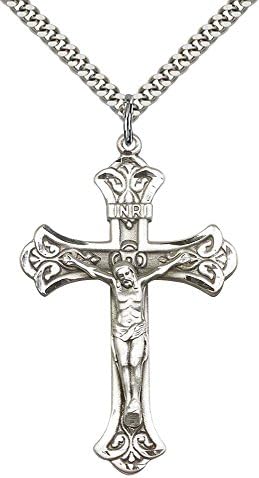F A Dumont Sterling Silver Crucifix Pendant with 24" Stainless Steel Heavy Curb Chain.