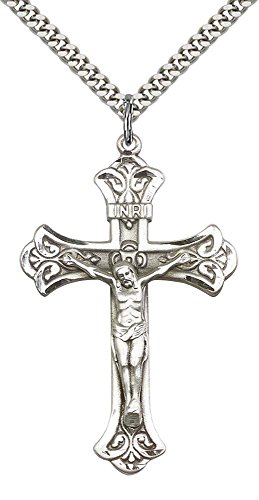 F A Dumont Sterling Silver Crucifix Pendant With 24" Stainless Steel Heavy Curb Chain. #TOP2