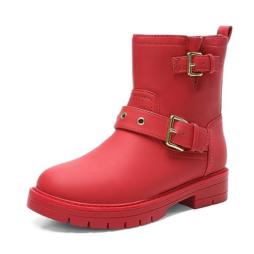 DREAM PAIRS Girls Ankle Boots Waterproof Side Zipper Booties for Little Kid/Big Kid 6 Big Kid Red
