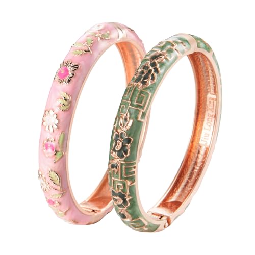 UJOY Gorgeous Bracelets Enameled Floral Cloisonne Gift Gold Plated Cuff Bangles Jewelry Sets Box for Women 55A18