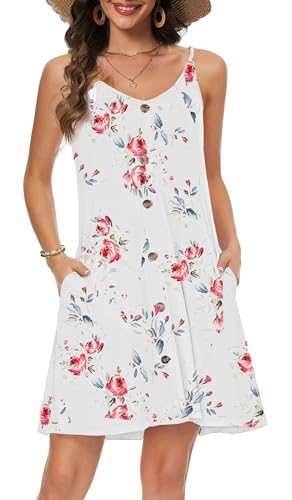 Koerye Vestito Estivo da Donna Copricostume Abiti con Scollo a V Tasche Vestito Spiaggia Cinturino Spaghetti Abito Casual Corto Prendisole Copricostume Bianco Floreale,L