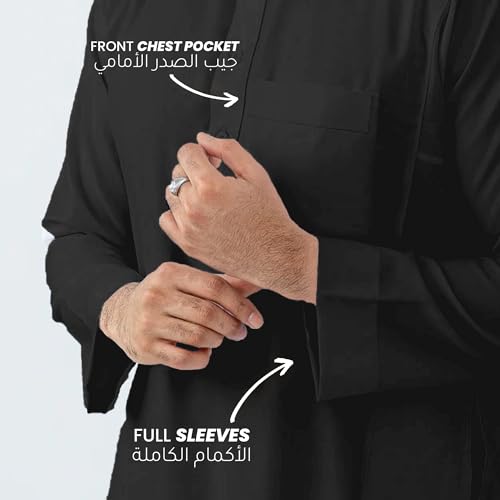 Choosey Saudi Arabic Thobe for Men - Breathable and Comfortable Full Lenght Kaftan Thobe, with Mandarin Collar, Long Sleeves, Front Chest Pocket and Side Pockets| جلابيات للشباب (Black, XL)