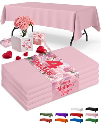 Image of Niuara Pink Plastic Table Cloth - 4 Pack 54 inch x 108 inch Rectangle Disposable Tablecloths for 6FT Tables, Table Cover for Party, Valentines, Mother's Day, Holiday & Gathering Use