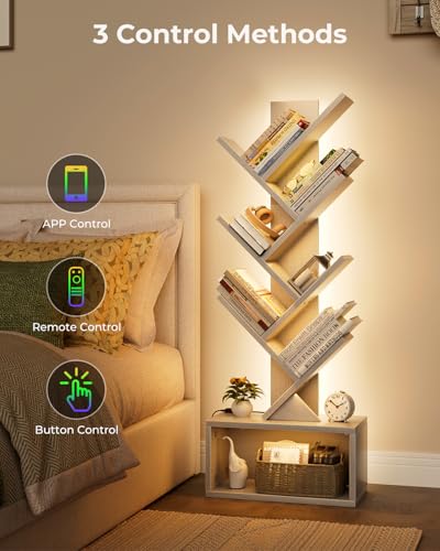 Image of Evermagin 6 Tier Tree Bookshelf with Lights, LED Book Tree Bookcase with Storage Organizer, Small Corner Bookshelf Floor Standing Book Shelf for Living Room, Bedroom & Home Office, White