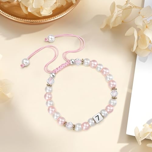 Image of 4-12 Year Old Girl Birthday Gifts, Adjustable Pink White Pearl Beaded Bracelet for Teen Girls, 4-12th Happy Birthday Christmas Graduation Gifts for Daughter Granddaughter Niece