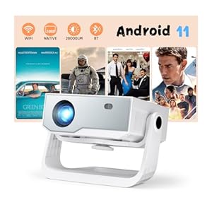 Smart Beamer Full HD 1080P mit 4K Unterstützung, Android 11, 28000 Lumens Helligkeit, 120° Verstellbarer Ständer, elektrischer Fokus, Trapezkorrektur, WiFi 6 & BT 5.2 Heimkino Beamer