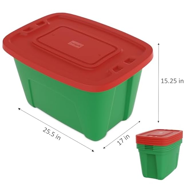 4-Pack Christmas Storage Totes with Lids (Red/Green),18-Gallon(72-0uart) Organization Bins, 25.50x17.00x15.25 Holiday Organizer, Plastic Storage Container Made in the USA