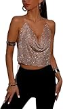 PartyArt Women Rhinestones Tank Top, Sparkly Deep V Backless Top Hanging Neck Metal Chain, Sleeveless Club Party Clubwear Gold Small