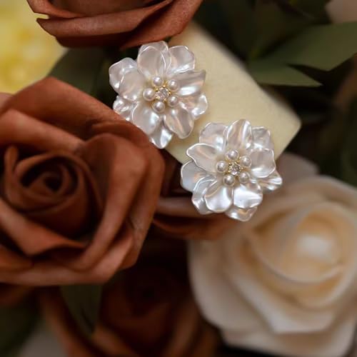 HETICA Classy Pearl Flower Stud Earrings for Women, Simplicity Flower White Pearl Camellia Stud Earrings Cubic Zirconia Earrings Jewelry Gifts2