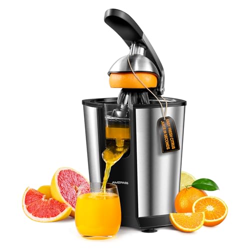 Amzpass Electric Orange Juicer, Citrus Juicer Squeezer with 2 Cones and Soft Grip Handle for Effortless Juicing, Stainless Steel Quiet Orange Juice Extractor Machines for Lime Grapefruit Lemon