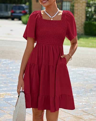 Image of BTFBM Womens Summer Smocked Mini Dress Spring Square Neck Flutter Sleeve Casual Ruffle Swing Boho Beach Dresses Pockets