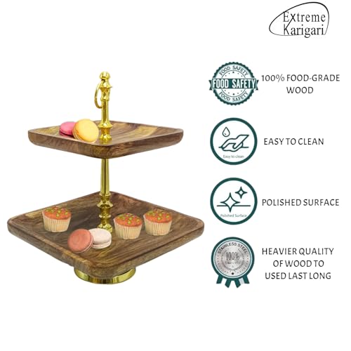 Image of 2-Tier Wooden Dessert Stand with Gold Metal Frame - Elegant Square Tray Display for Cakes, Cupcakes, Pastries - Perfect for Parties, Weddings