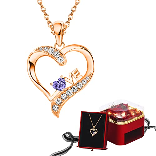 Tacitove Heart Birthstone Necklaces for Women, 925 Sterling Silver Pendant Necklace for Girls Anniversary Birthday Valentines Day Christmas Jewelry Mother’s Day Gifts for Mom Wife Girlfriend, February (Purple)