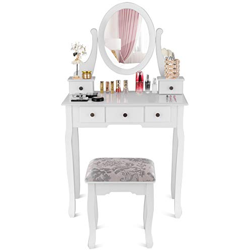 Giantex Girl Vanity Set with 5 Drawers, White Makeup Dressing Table