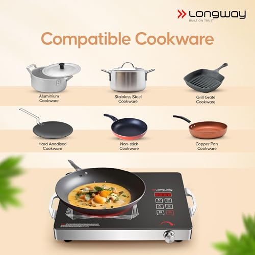 Image of Longway Infralite Pro 2200W Infrared Induction Cooktop with Steel Grill Rack, Crystal Glass Top, Touch Panel & Digital Display, 4 Preset Modes - Stir Fry, BBQ, Hot Pot & Steam, Black