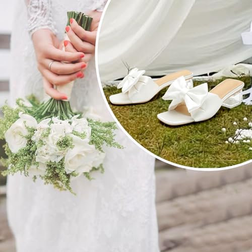 Heiyom Women's Square Toe Low Block Chunky Heels Mules Sandals Bowknot Slip on Clear Heels Wedding Bridal Party Dress Shoes4
