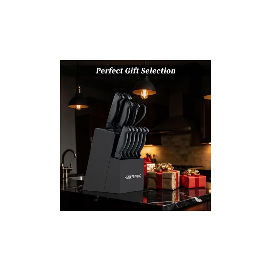 Knife Set, 14-Piece Kitchen Knives Set with Block, Built-in Sharpener, German High Carbon Stainless Steel, Ergonomic Non-Slip Handles, Black