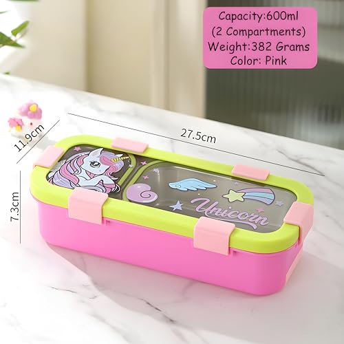 Image of Kids Stainless Steel Lunch Box | Leakproof Bento Tiffin Box with 2Compartments | BPA Free Food Grade Lunch Box for Boys & Girls | Airtight School Tiffin Box with Cutlery Storage |600ml
