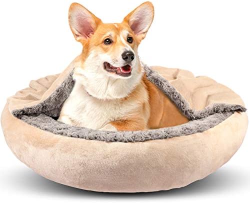 GASUR Small Dog Bed & Cat Bed, Round Donut Calming Dog Beds for Small Dogs, Anti-Anxiety Cave Bed with Hooded Blanket, Cozy Puppy Bed and Cat Beds for Indoor Cats, Machine Washable Pet Bed 26"