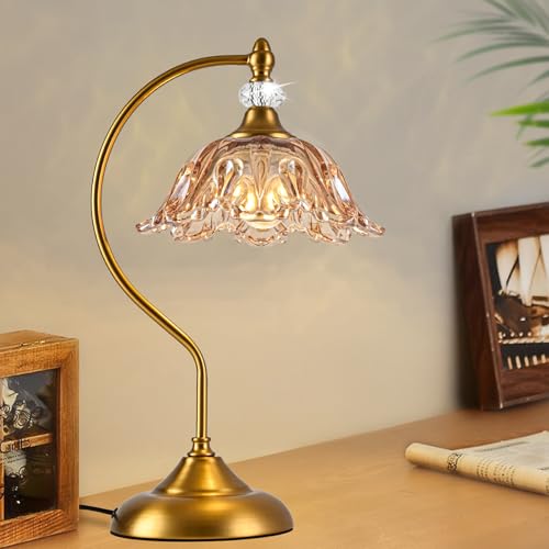 sunkryster Vintage Table Lamp with a Floral Amber Glass Shade, A Plug-in Nightstand Lamp in Matte Brass Finish for Bedroom, Living Room,Office, and Desk