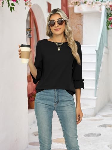 Poetsky Womens Elbow Length Tops Cute Boat Neck Summer Fall Casual Tunic Blouses Black Xl thumb #1