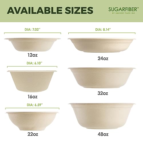 [50 Count] Sugarfiber 32Oz Round Paper Bowls - Disposable Compostable Eco-Friendly Containers Made Plant Fibers For Meal Prep Takeout Dinnerware Plates Catering 100% By-Product #TOP4