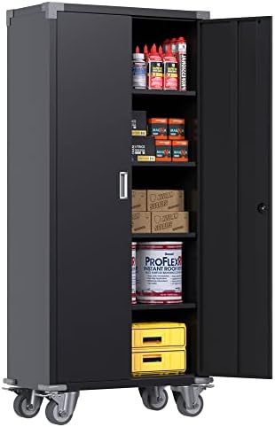 Aobabo Metal Rolling Storage Cabinet with Lock,Steel Garages Cabinet with 2 Doors and 4 Shelves,72'' Tools Storage Cabinet on Wheels for Garage,Warehouse,School,Black,Assembly Required